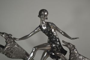 J. Lormier art deco large bronze Lady with greyhounds