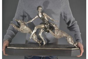J. Lormier art deco large bronze Lady with greyhounds