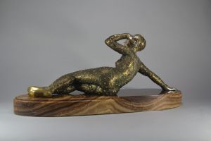 Signed LUCE, art deco Lying dancer. Impressive bronze figure. 78cm