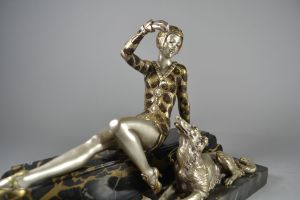 Henri MOLINS. Art deco bronze sculpture. Lady with greyhound.