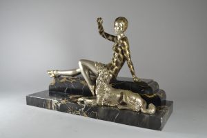 Henri MOLINS. Art deco bronze sculpture. Lady with greyhound.