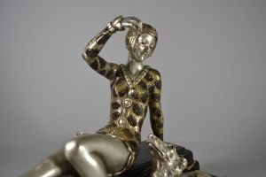 Henri MOLINS. Art deco bronze sculpture. Lady with greyhound.