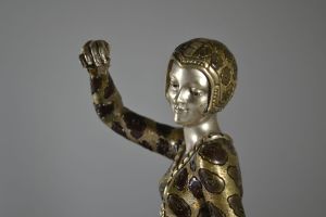 Henri MOLINS. Art deco bronze sculpture. Lady with greyhound.