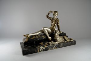 Henri MOLINS. Art deco bronze sculpture. Lady with greyhound.