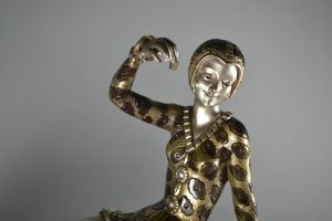 Henri MOLINS. Art deco bronze sculpture. Lady with greyhound.
