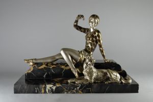 Henri MOLINS. Art deco bronze sculpture. Lady with greyhound.