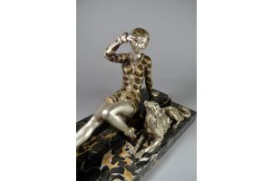 Henri MOLINS. Art deco bronze sculpture. Lady with greyhound.