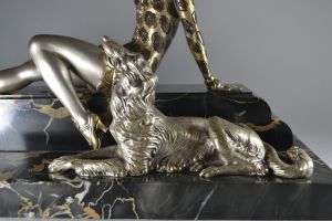 Henri MOLINS. Art deco bronze sculpture. Lady with greyhound.
