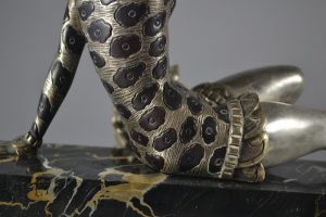 C.H. MOLINS art deco lady and greyhound. Enameled silvered bronze group.