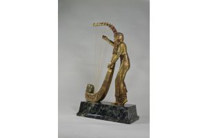 Aurore Onu bronze egyptian art deco harp player