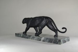 Art deco black metal panther on marble base