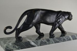 Art deco black metal panther on marble base