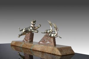Art deco bronze Panther and deers group signed Gual