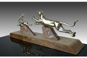 Art deco bronze Panther and deers group signed Gual