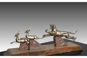 Art deco bronze Panther and deers group signed Gual