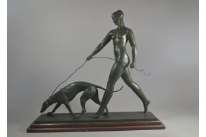 Raymond Leon RIVOIRE Iconic lady with greyhound bronze group