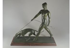 Raymond Leon RIVOIRE Iconic lady with greyhound bronze group