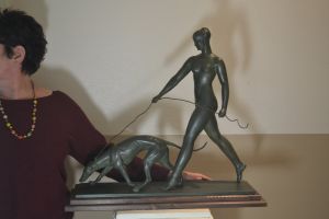 Raymond Leon RIVOIRE Iconic lady with greyhound bronze group