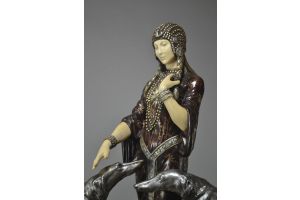 Louis Riche. Impressive bronze and ivory group. Russian lady with Borzois