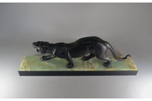 Rochard large art deco metal panther on marble base