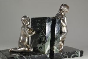Art deco silver plated bronze bookends with faun