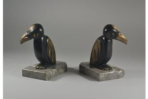 H. Moreau bookends pair with stylized toucans. Glass eyes